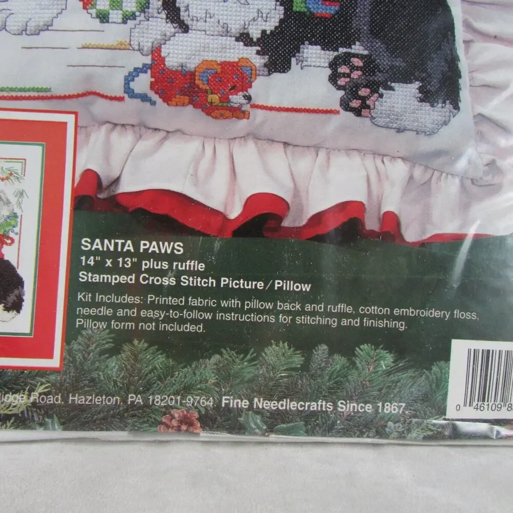 Bucilla Santa Paws Cross Stitch Pillow/ Picture Kit 83245 Dog Cats Pets New 1995